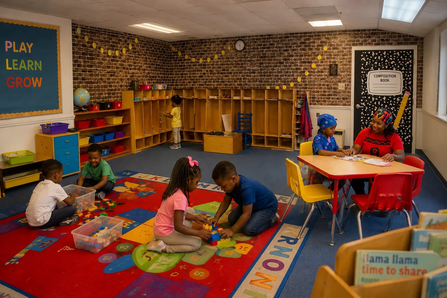 School-age children building with blocks and reading with a teacher in a bright classroom