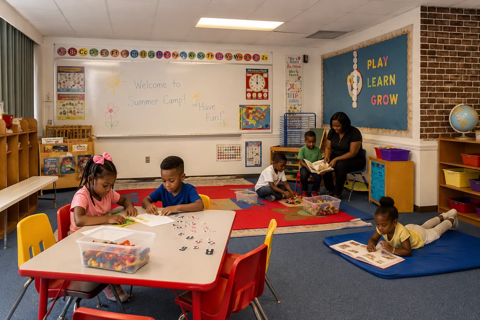 School-age children working with learning materials while a teacher reads with students in the summer camp classroom